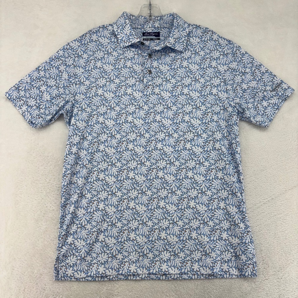Ben Hogan Performance Mens Small Blue Floral Leaf Golf Polo Shirt Short Sleeve